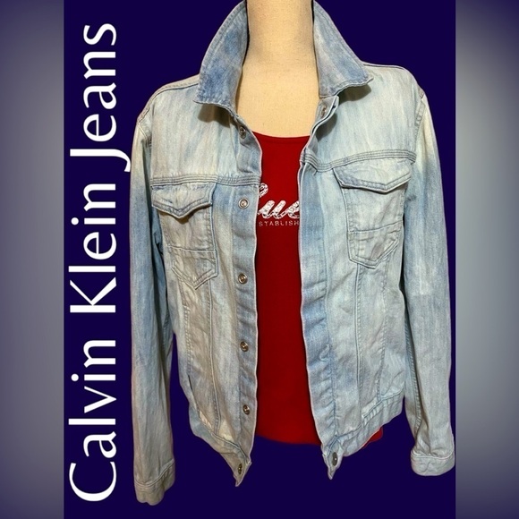 Calvin Klein-Men’s large hombre-fade trucker jean jacket.Snap front/6 Pocket EUC - Picture 1 of 16